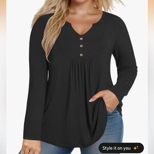 VISLILY Plus-Size-Dressy-Tops V Neck Flowy Pleated Long Sleeve Tunic Fall